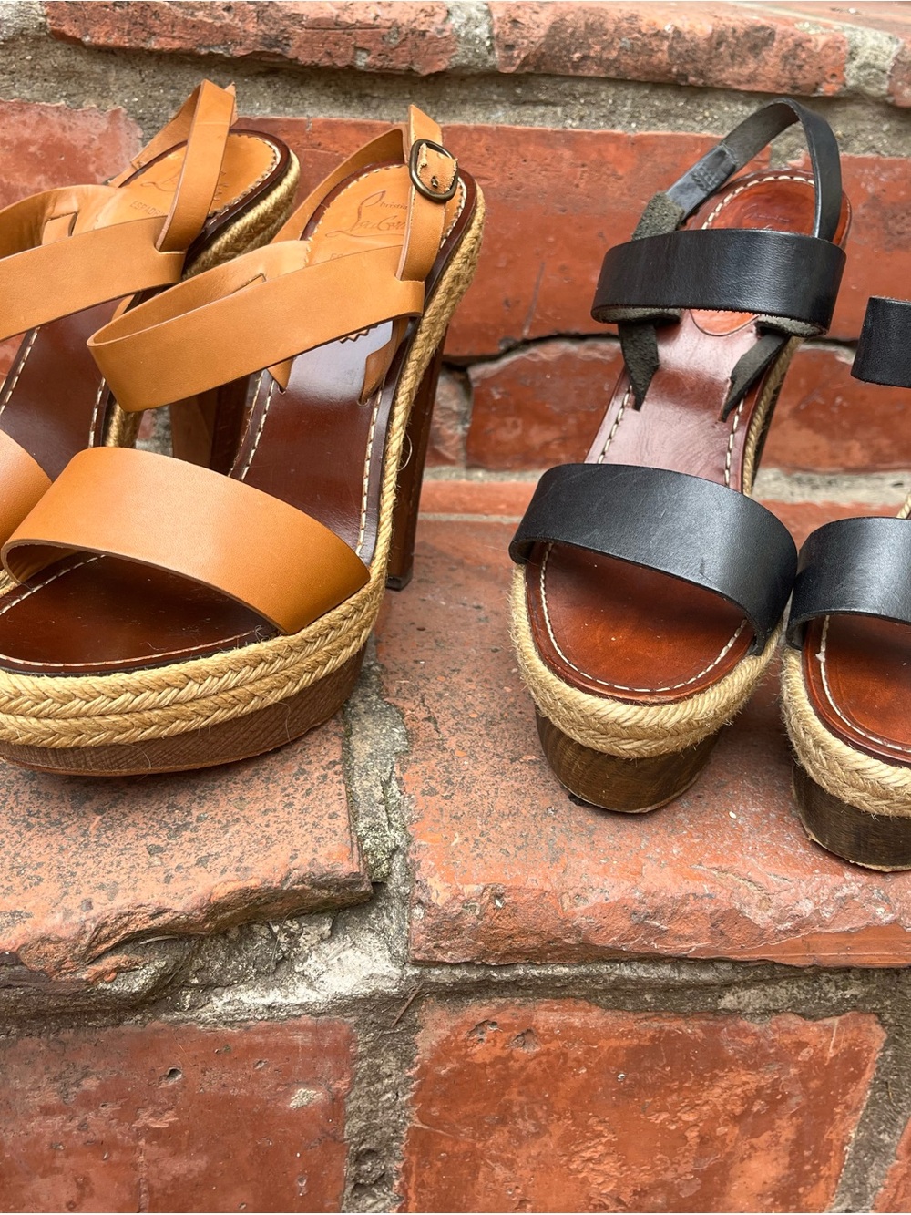 2 pairs excellent Christian Louboutin Tan and Black Espadrille Heel Sandals